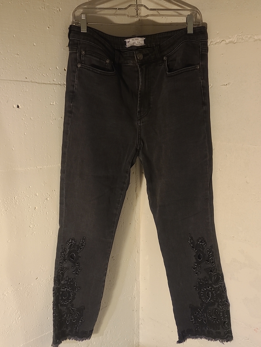 FP Black Embroidered Cutout Cropped Ankle Jeans